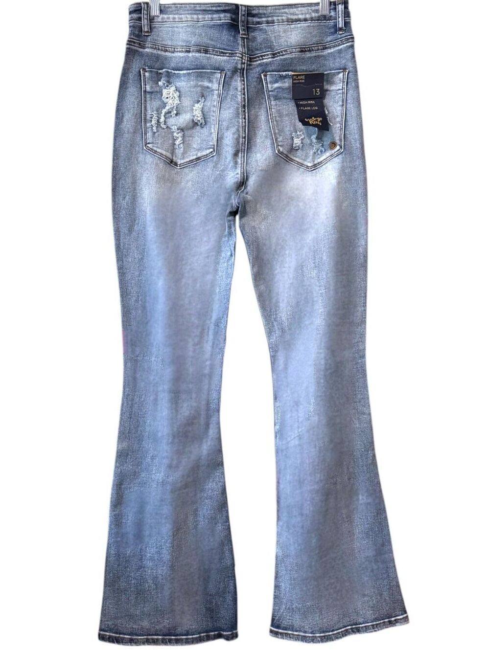 Indigo Reign High Rise Button Fly Distressed Flare Jeans Med Wash Stretch Denim - Picture 12 of 14
